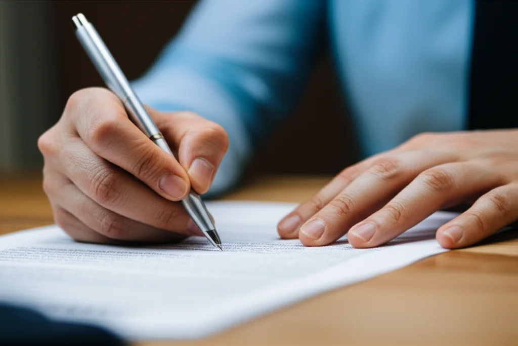 Hands signing a document on a desk, representing a work agreement or application for compensatory schemes. Macro lens, 60mm, high detail.