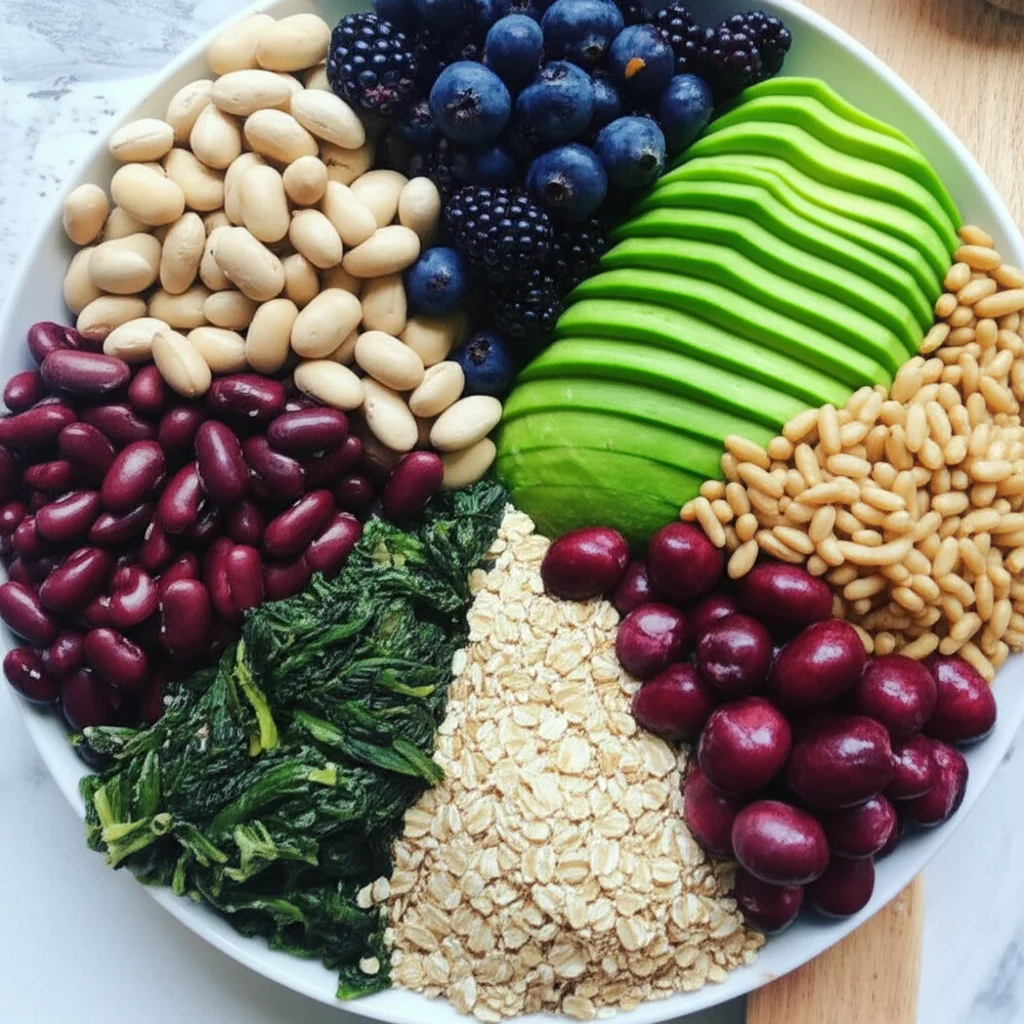 A vibrant plate of diverse plant-based foods representing the Portfolio Diet pillars - beans, nuts, oats, berries, avocado slices. 100mm Macro lens, high detail, precise focusing, controlled lighting.
