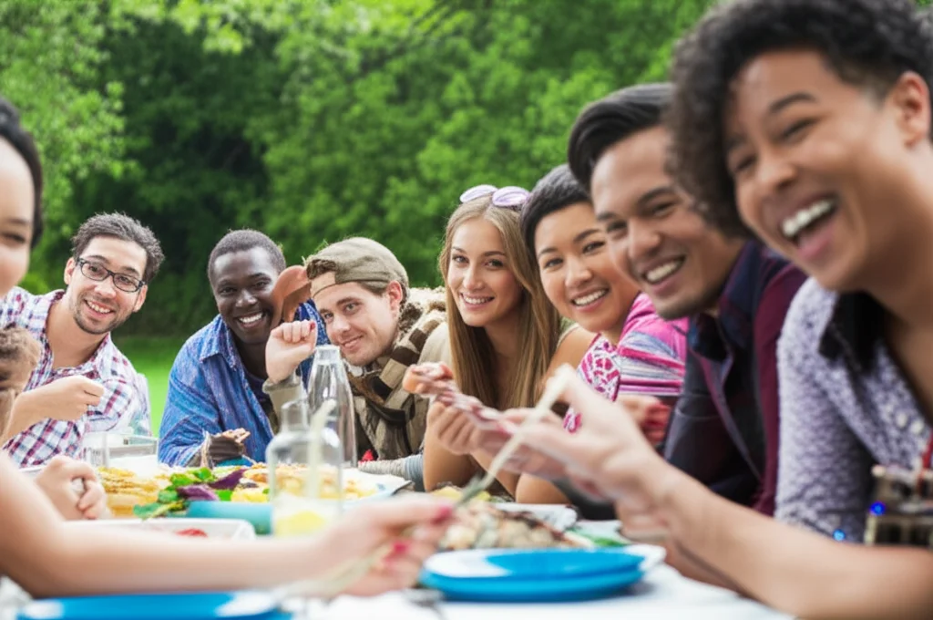 A diverse group of young adults smiling and sharing a meal outdoors, surrounded by greenery. 35mm portrait, depth of field.