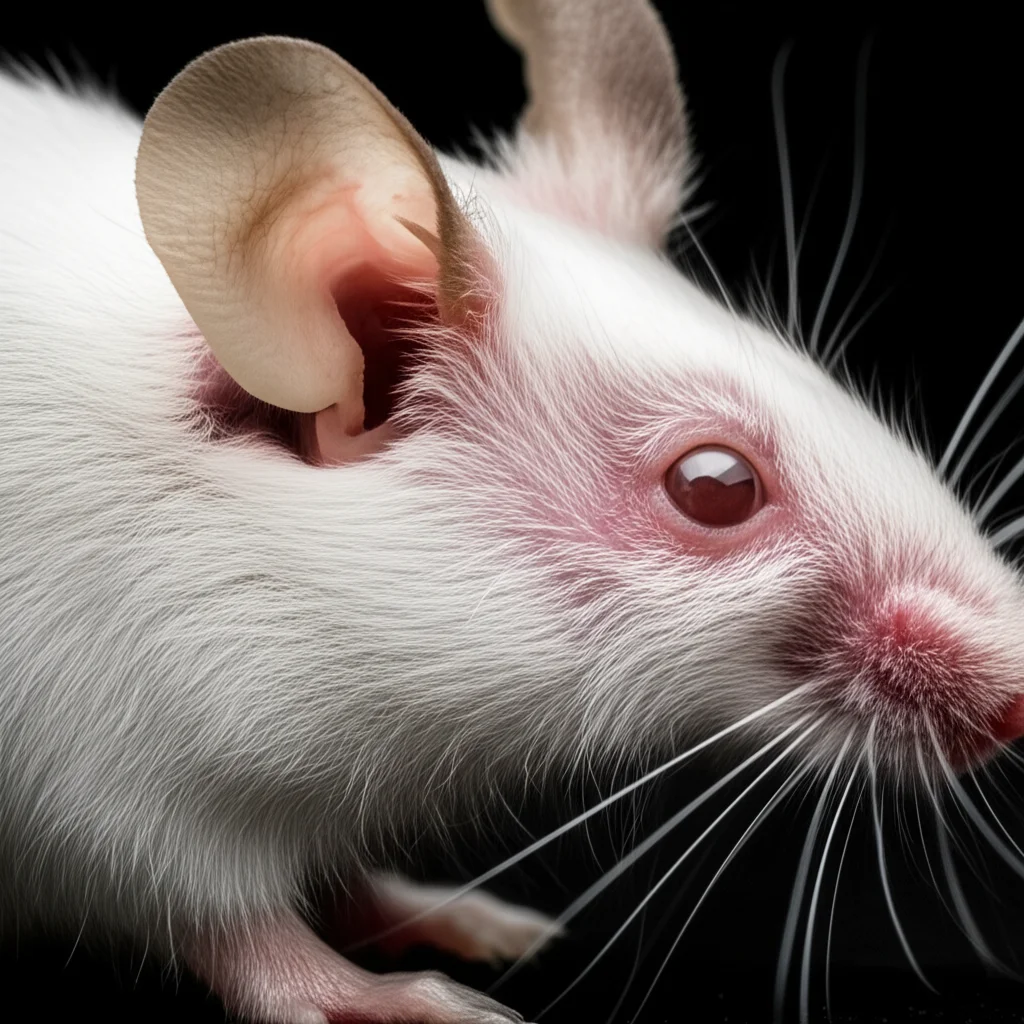 Photorealistic macro lens shot, 60mm, high detail, precise focusing, controlled lighting, showing a mouse with patches of white fur and skin, simulating depigmentation.