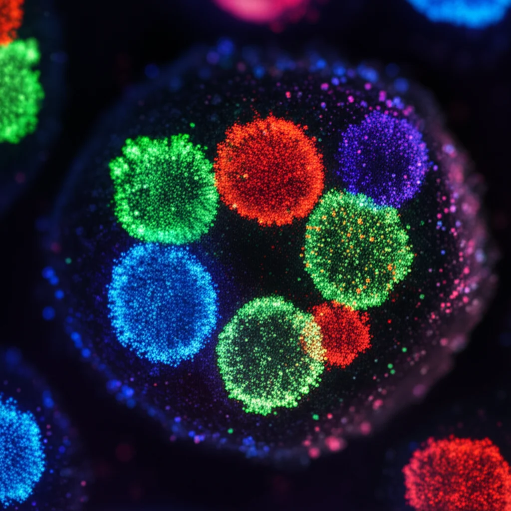 Photorealistic macro lens shot, 100mm, high detail, precise focusing, controlled lighting, abstract visual representing single-cell RNA sequencing data, showing glowing cell clusters in vibrant colors against a dark background.
