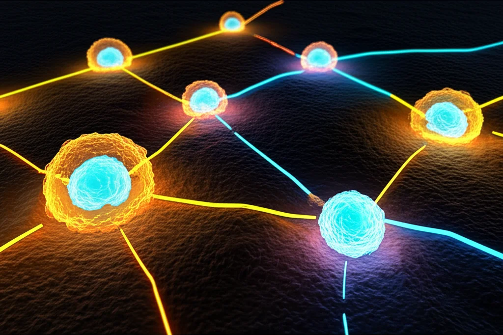 Photorealistic macro lens shot, 100mm, high detail, precise focusing, controlled lighting, showing abstract representations of immune cells (like T cells and dendritic cells) interacting, with glowing pathways connecting them, symbolizing the CXCL16-CXCR6 axis.