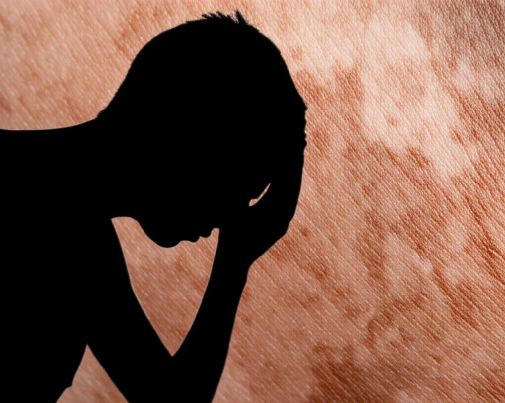 Photorealistic wide-angle shot, 24mm, sharp focus, conceptual art style, showing a subtle visual link between a silhouette of a stressed person and patches of depigmentation appearing on skin texture.