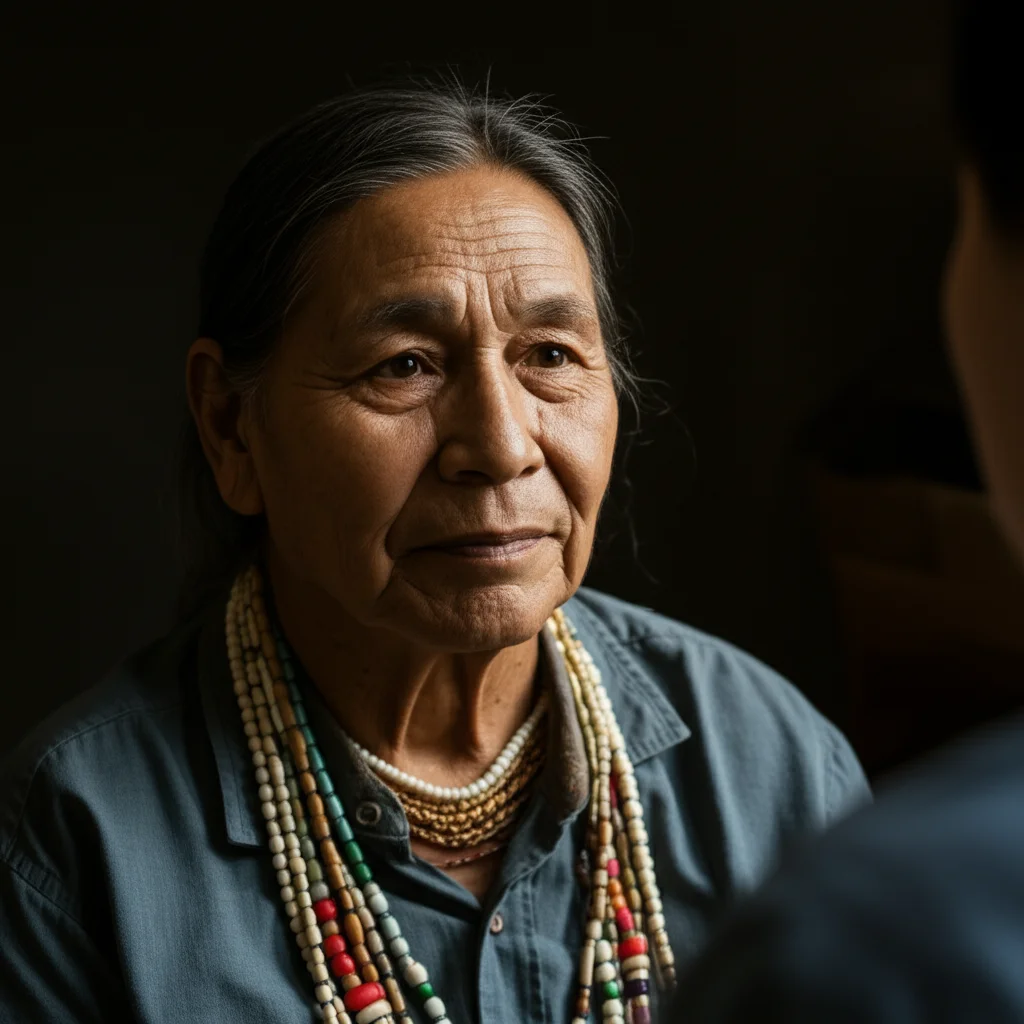 Portrait of an Indigenous Elder sharing knowledge during an interview, 35mm portrait, depth of field.
