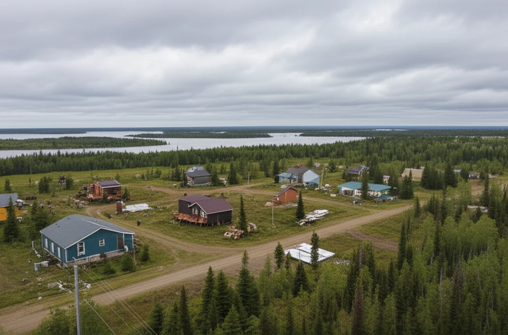 Wide-angle landscape of a remote Indigenous community in Northern Ontario, showing scattered homes and natural surroundings, 10mm wide-angle.