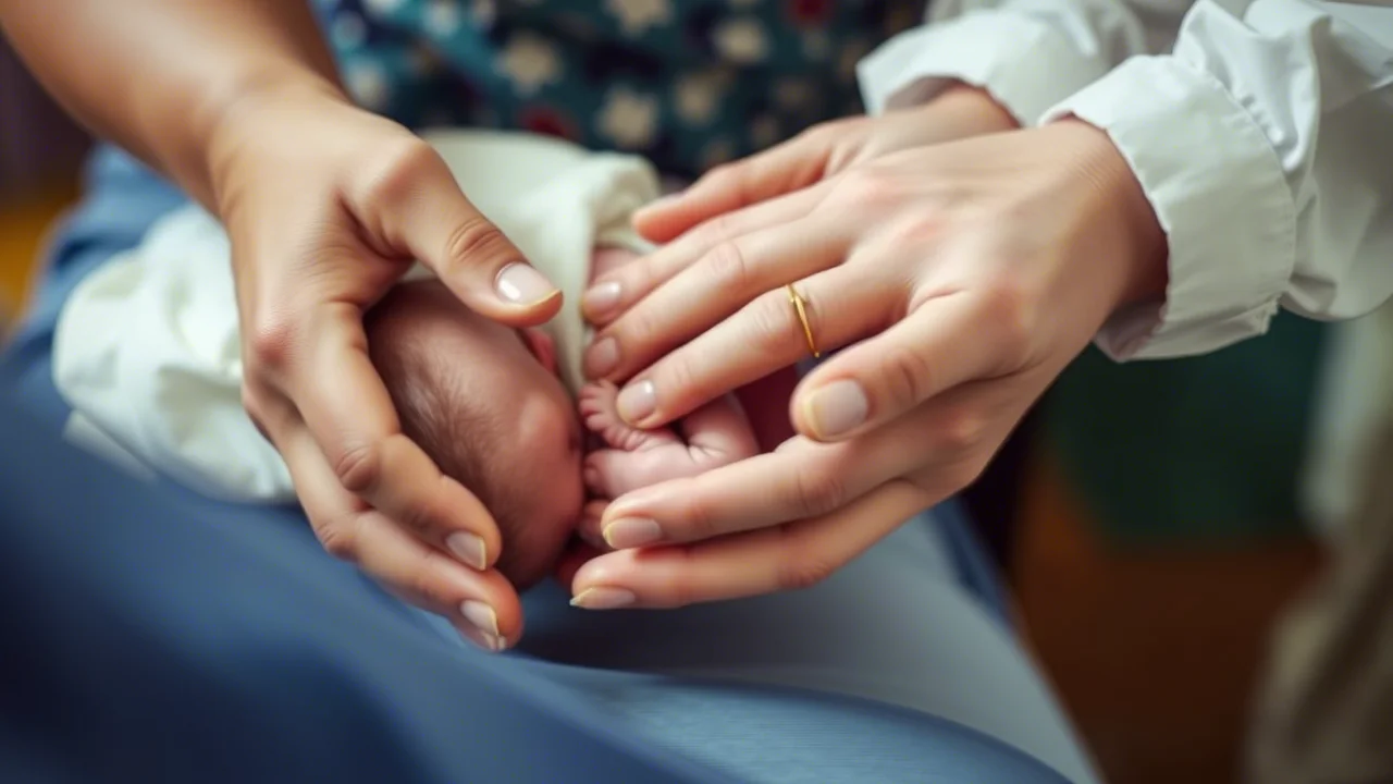 Motion shot of hands gently supporting a newborn baby during a community birth, fast shutter speed, movement tracking.