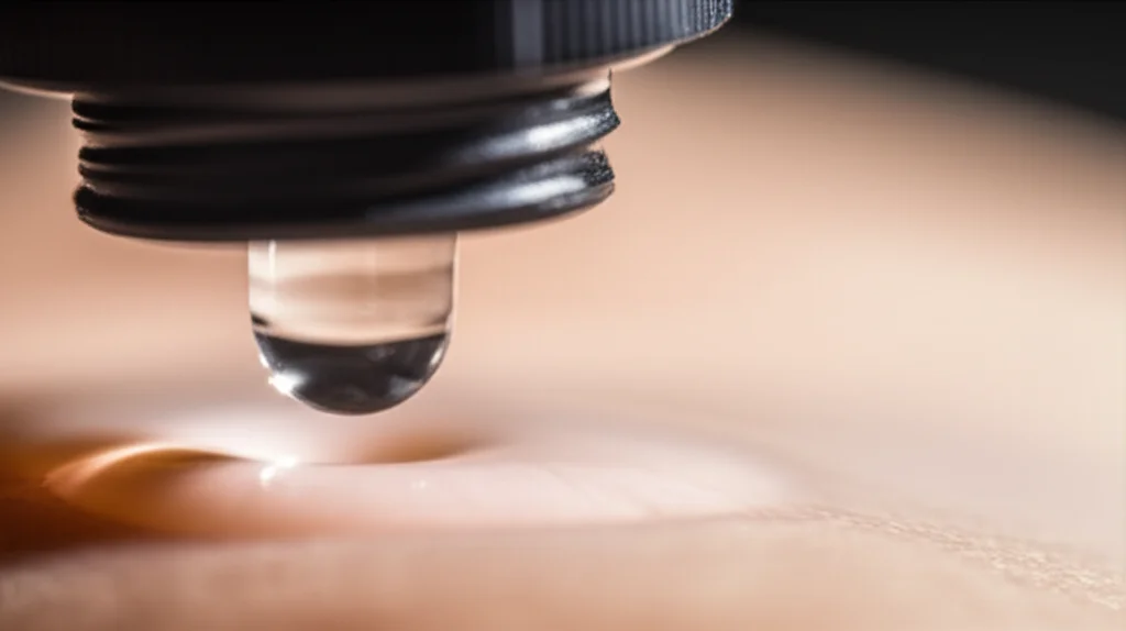 A macro lens shot, 60mm focal length, showing a single clear eyedrop just landing on a realistic eye surface, with precise focusing on the drop and slight blurring of the background eye details, controlled lighting to highlight the liquid.