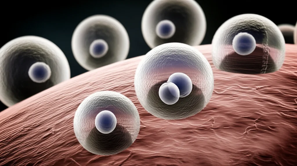 A high detail macro lens shot, 105mm focal length, showing spherical, flexible vesicles (representing transfersomes) interacting with a textured, biological-looking surface (representing tissue barrier), precise focusing on the vesicles, controlled lighting creating subtle shadows.