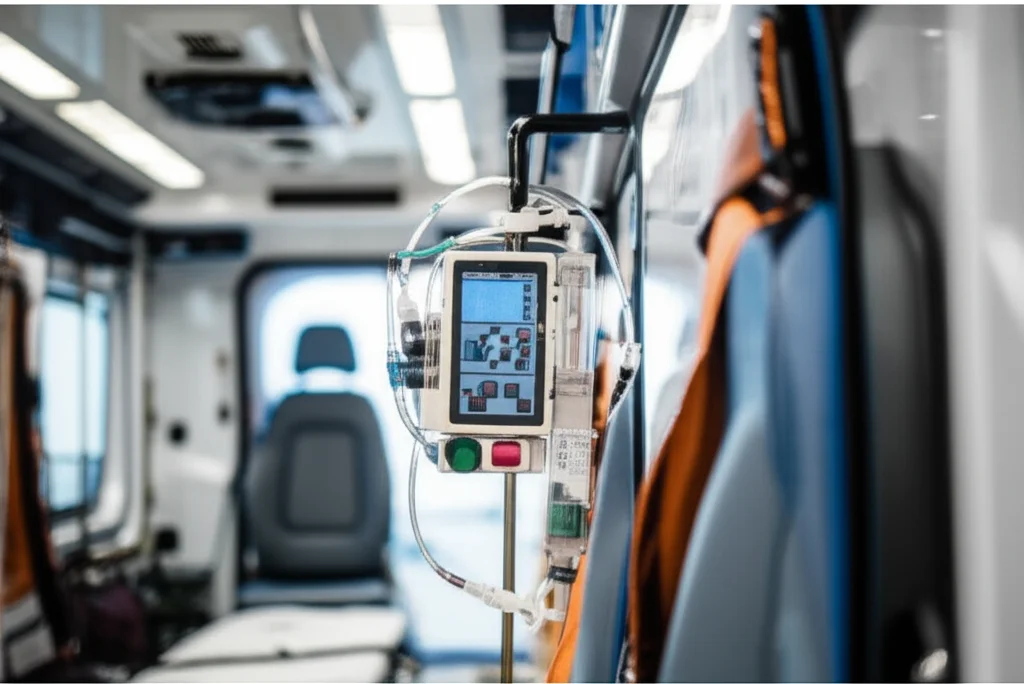Medical syringe pump securely mounted inside a moving ambulance, medical tubing visible, macro lens, 80mm, high detail, precise focusing, realistic ambulance lighting, showing the complexity of critical care equipment in transit.