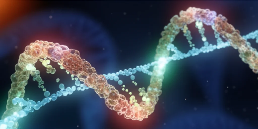 Macro lens, 60mm, high detail, precise focusing, controlled lighting, close-up view of glowing molecules interacting with a strand of RNA.