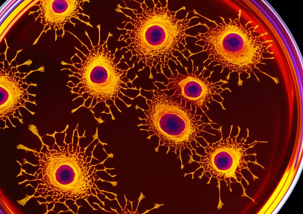 Telephoto zoom, 100-400mm, fast shutter speed, movement tracking, image capturing cancer cells aggressively migrating across a surface in a lab dish, showing dynamic movement.