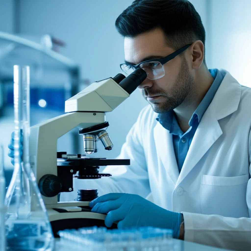 Prime lens, 35mm portrait, depth of field, duotone (blue and grey), image of a scientist looking intently at stained tissue samples under a microscope, representing the clinical analysis phase.