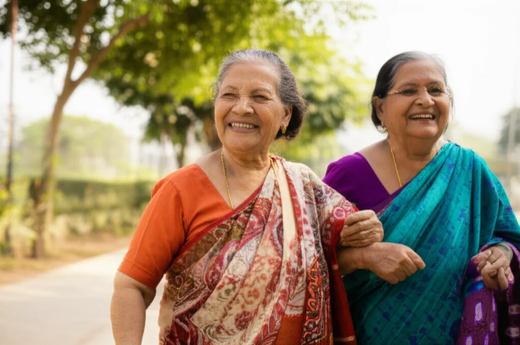 Two older Indian women walking together, one gently supporting the other, smiling, outdoor setting, 35mm portrait, natural light, conveying support and healthy aging.