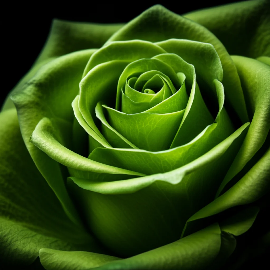 Close-up macro photography of a dissected green rose flower, layers separated, showing high detail and precise focusing under controlled lighting, 100mm Macro lens.