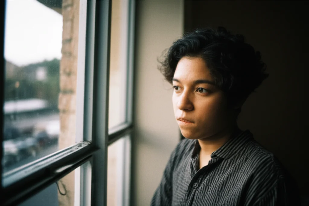 A person looking out a window with a thoughtful expression, representing introspection and hope, 24mm prime lens, soft lighting, film grain.