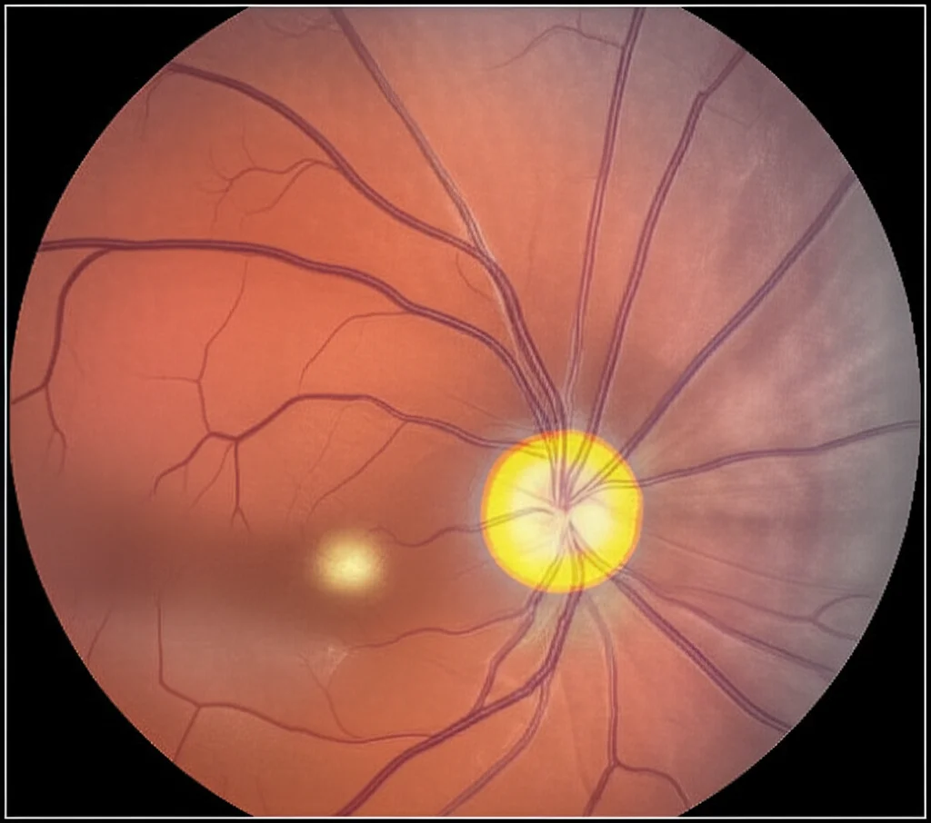 A high-detail macro image of an OCT scan displaying layers of the retina, with a subtle heatmap overlay indicating a region of interest for a potential biomarker. Precise focusing and controlled lighting highlight the intricate details, captured with a 105mm macro lens.