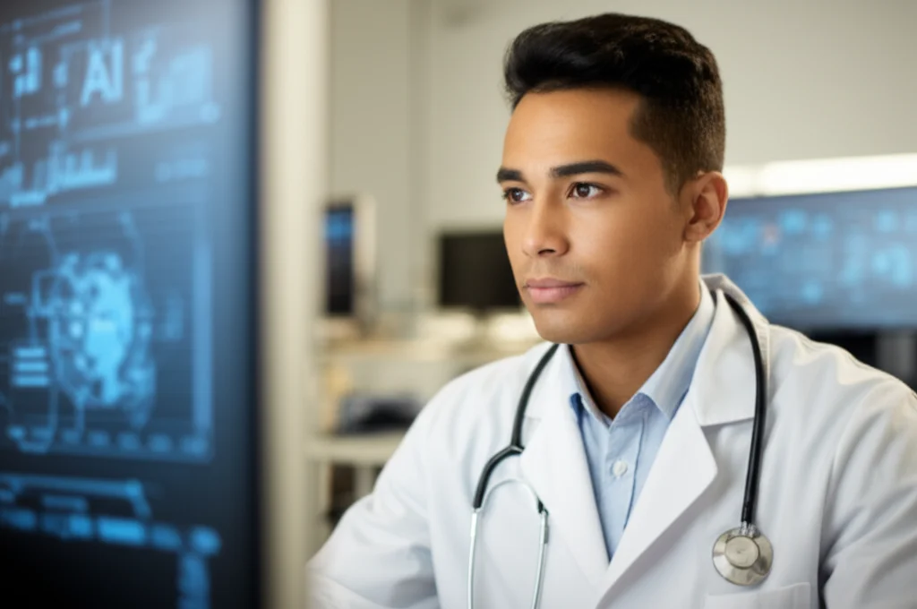 A portrait of a young medical student or researcher intently focused on a computer screen displaying complex graphs and data visualizations related to AI model training and performance metrics. The image uses a 35mm lens with a shallow depth of field to keep the subject sharp and the background softly blurred.