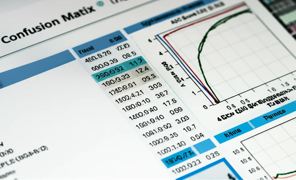 A high-detail macro image of a computer screen displaying a complex confusion matrix and performance graphs (F1 scores, AUC curves) related to AI model evaluation in medical imaging. Precise focusing highlights the data points and labels, captured with a 60mm macro lens.