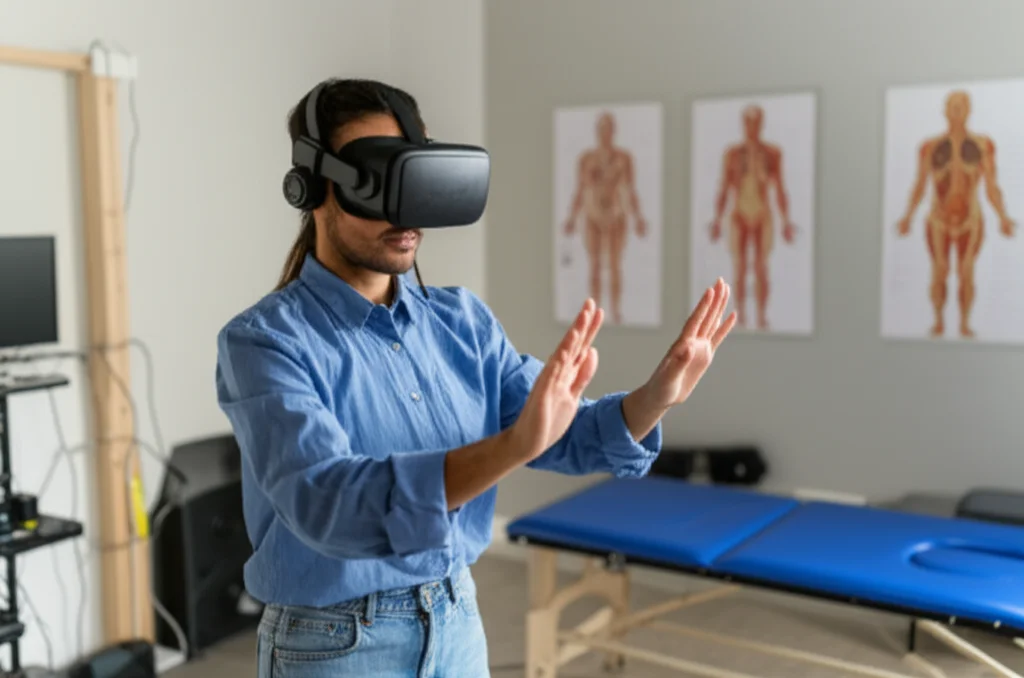 A person wearing a VR headset and standing on a balance board in a therapy room, 35mm portrait, depth of field, showing focus and engagement during virtual reality rehabilitation for a neurological condition.