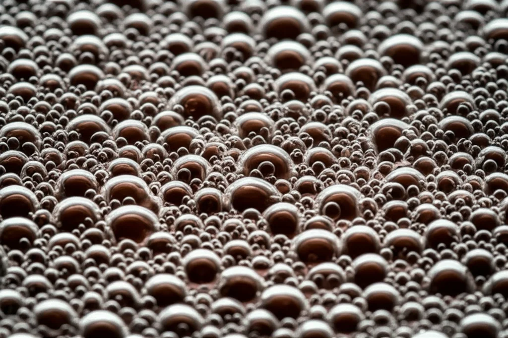 Photorealistic macro shot of a catalyst surface with tiny CO2 bubbles adhering and spreading, showing high detail and precise focusing under controlled lighting, 80mm macro lens.