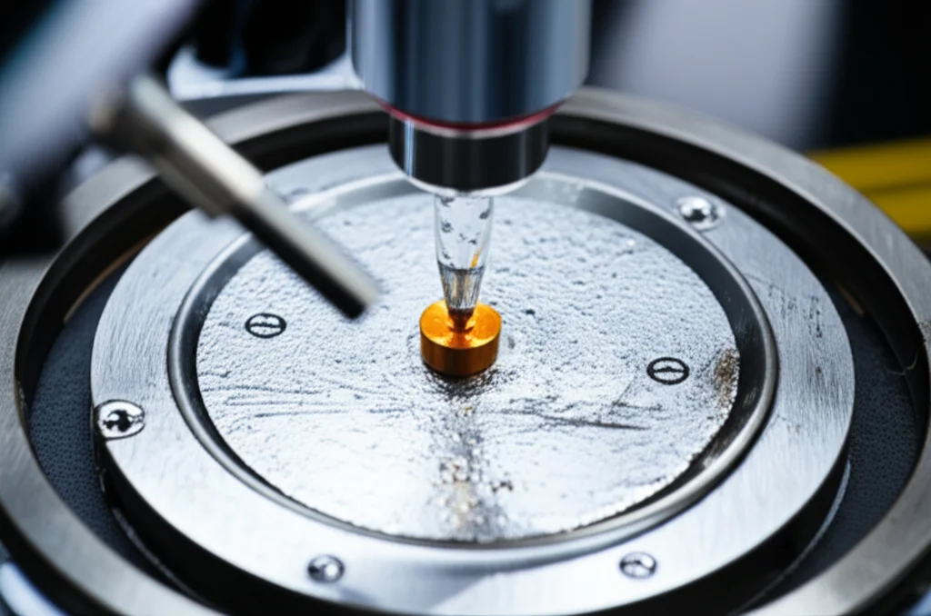 Photorealistic image of an electrochemical cell setup in a laboratory, showing precise focusing on the working electrode area with controlled lighting, 60mm macro lens.