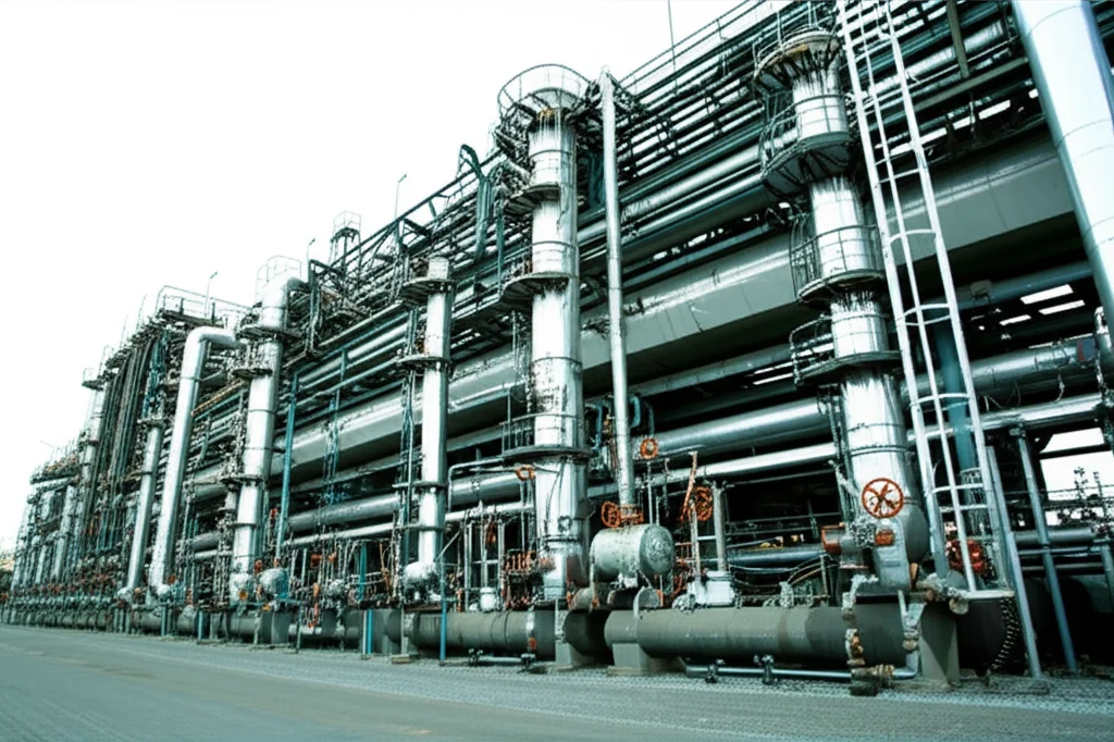 Photorealistic wide-angle shot of a stylized industrial setting with pipes and distillation columns, representing the potential for direct flue gas conversion, sharp focus, 24mm wide-angle lens.
