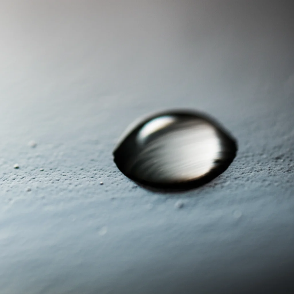 A close-up macro shot of a single drop of water on a dark surface, reflecting subtle metallic hues. The focus is sharp on the water drop, with high detail and controlled lighting to highlight its form and texture. Macro lens, 100mm.