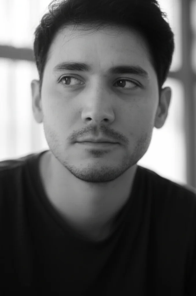 A portrait of a thoughtful person, mid-shot, looking slightly off-camera. The lighting is soft but highlights facial contours, suggesting contemplation about health. 35mm portrait lens, with subtle depth of field blurring the background. Black and white film aesthetic.