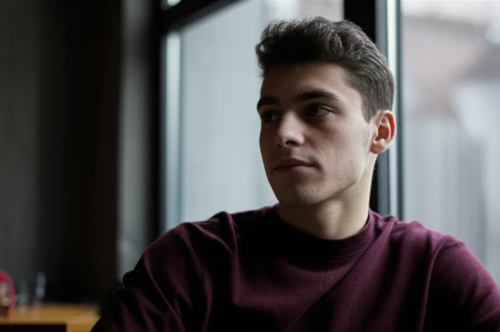 Portrait of a young adult looking thoughtful while sitting near a window, suggesting introspection and cognitive processing, 35mm portrait, depth of field.