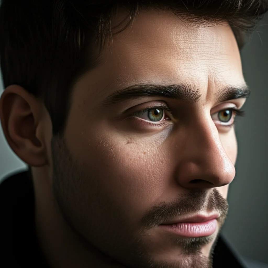 Portrait of a young adult looking contemplative, suggesting cognitive challenges after brain injury, 35mm portrait, depth of field.