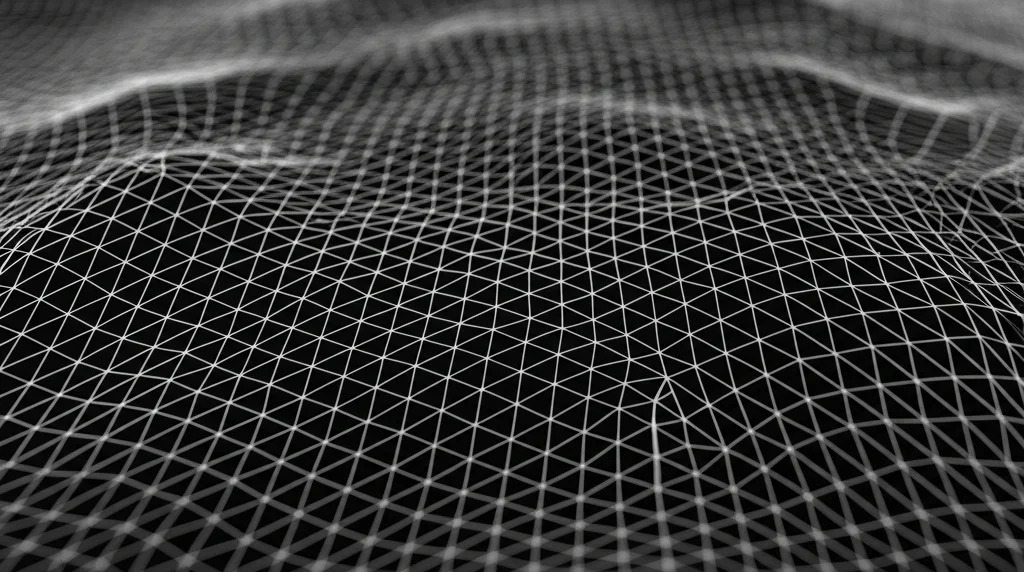 Visualizzazione astratta di una mesh a elementi finiti su un dominio 2D complesso, illuminata lateralmente per evidenziare la struttura. Obiettivo macro 100mm, alta definizione, illuminazione controllata, messa a fuoco precisa sui nodi della mesh.