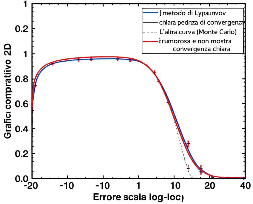 Grafico comparativo 2D che mostra due curve di errore su scala log-log. Una curva (metodo di Lyapunov) mostra una chiara pendenza di convergenza. L'altra curva (Monte Carlo) è rumorosa e non mostra convergenza chiara. Stile grafico scientifico pulito, obiettivo 50mm prime, alta risoluzione.
