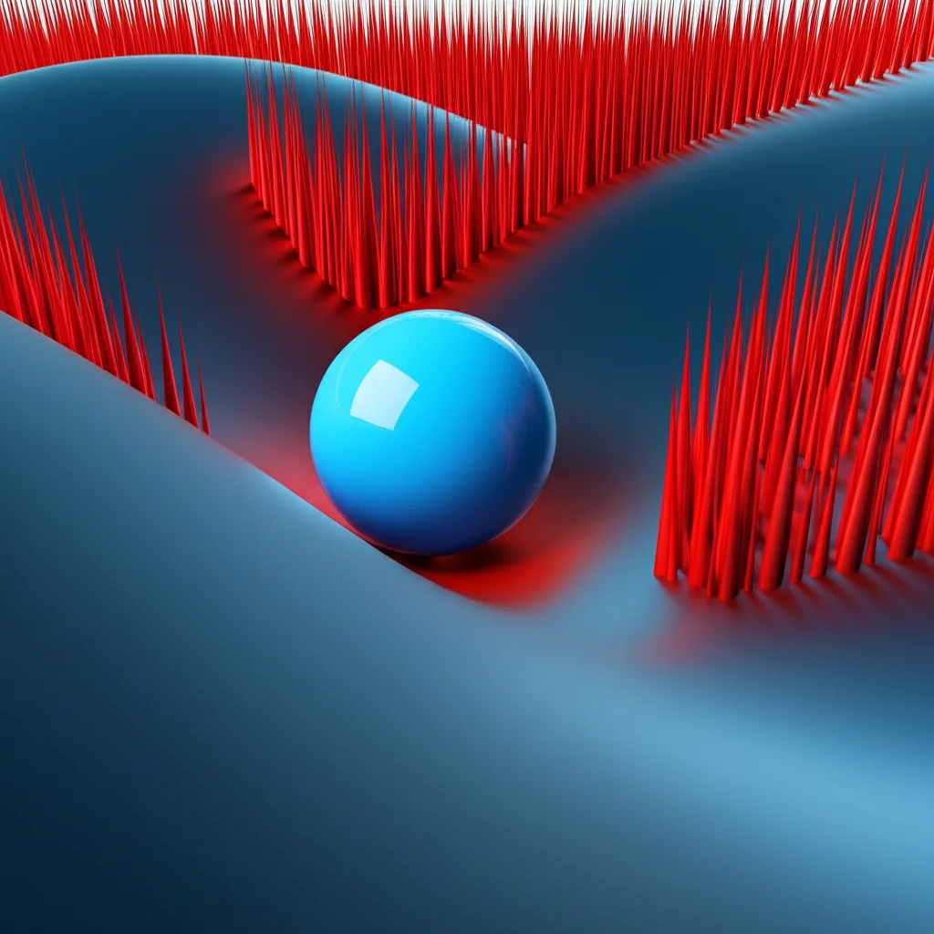 Visualizzazione astratta di un concetto di stabilità matematica. Una sfera che rotola dolcemente verso il fondo di una valle liscia (stabilità Lyapunov) accanto a una valle con picchi improvvisi e alti (instabilità media quadratica). Obiettivo 35mm, stile surreale, colori contrastanti (blu calmo vs rosso caotico), profondità di campo.