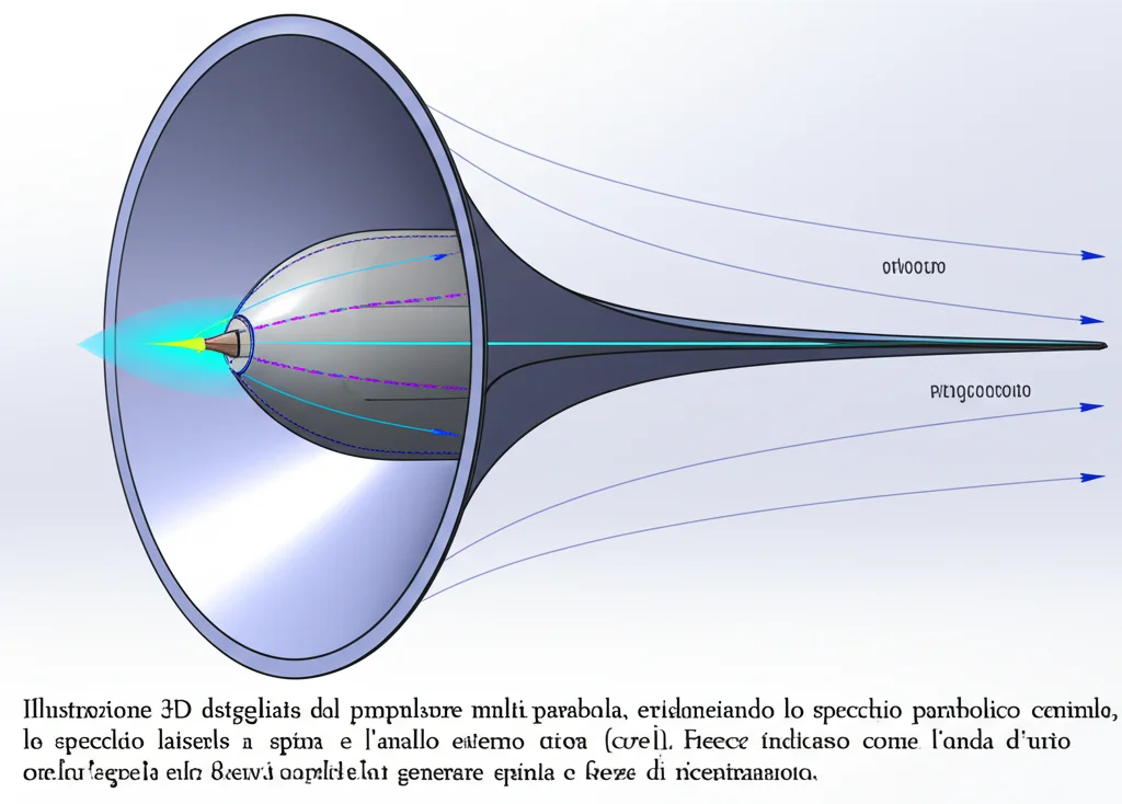 Illustrazione 3D dettagliata del propulsore multi-parabola, evidenziando lo specchio parabolico centrale, lo specchio laterale a forma di spina e l'anello esterno (cowl). Frecce indicano come l'onda d'urto interagisce con le superfici per generare spinta e forze di ricentramento. Stile rendering tecnico, illuminazione controllata.