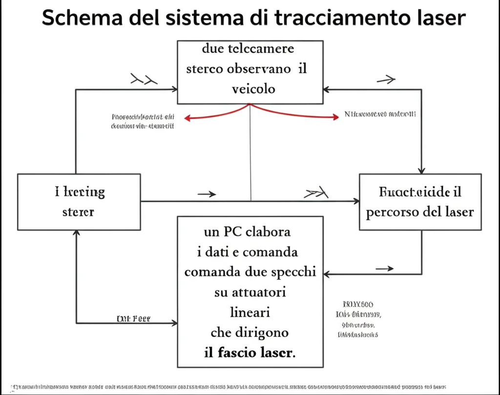 Schema del sistema di tracciamento laser: due telecamere stereo osservano il veicolo, un PC elabora i dati e comanda due specchi su attuatori lineari che dirigono il fascio laser. Stile diagramma tecnico pulito, con frecce che indicano il flusso di informazioni e il percorso del laser. Dettagli sui componenti chiave.