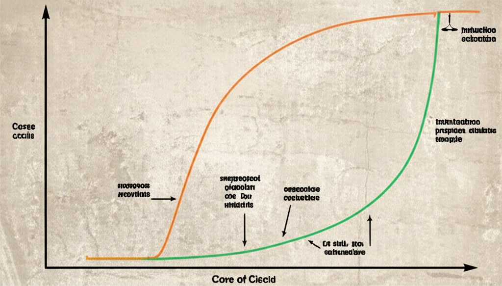 Grafico scientifico stilizzato che mostra una curva a forma di S rappresentante la propagazione delle crepe nel tempo (numero di cicli). Le tre fasi - induzione, espansione stabile, saturazione - sono evidenziate. Sfondo astratto che richiama la texture di un murale antico.