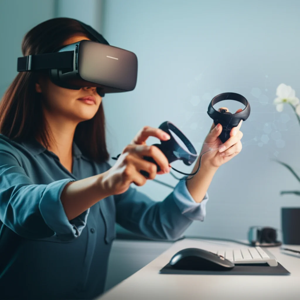 Immagine fotorealistica di una persona che indossa un visore VR seduta a una scrivania con joystick virtuali visibili nel visore, stile cinematografico, obiettivo 35mm, profondità di campo, illuminazione controllata.
