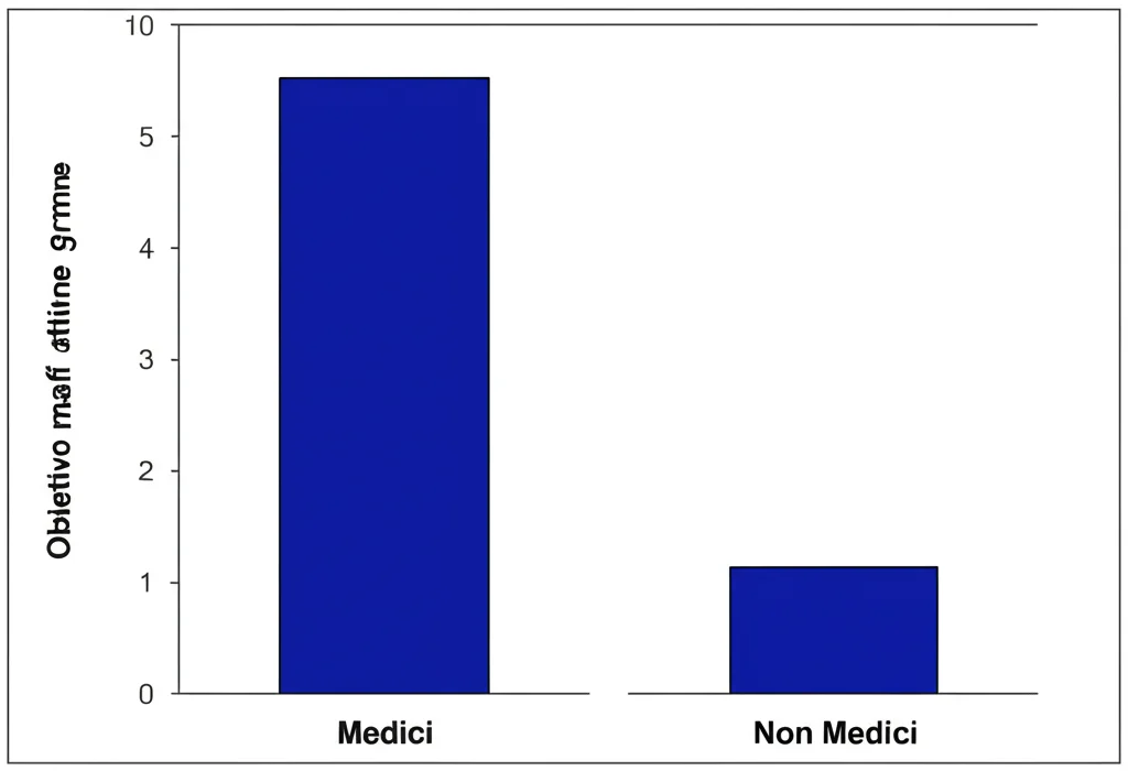 Grafico a barre stilizzato che mostra una differenza significativa tra due gruppi (etichettati 'Medici' e 'Non Medici') riguardo l'alfabetizzazione sanitaria orale. Obiettivo macro 90mm, alta definizione, illuminazione controllata su sfondo neutro.