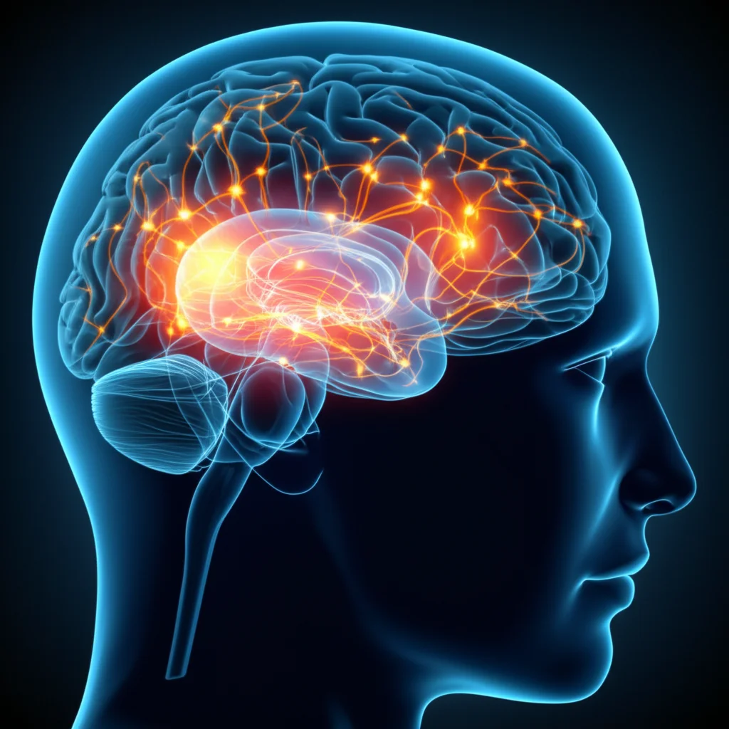 Immagine fotorealistica che mostra percorsi neurali luminosi che collegano l'ippocampo all'area motoria supplementare all'interno di una rappresentazione trasparente del cervello, obiettivo prime 50mm, messa a fuoco precisa, sfondo scuro.