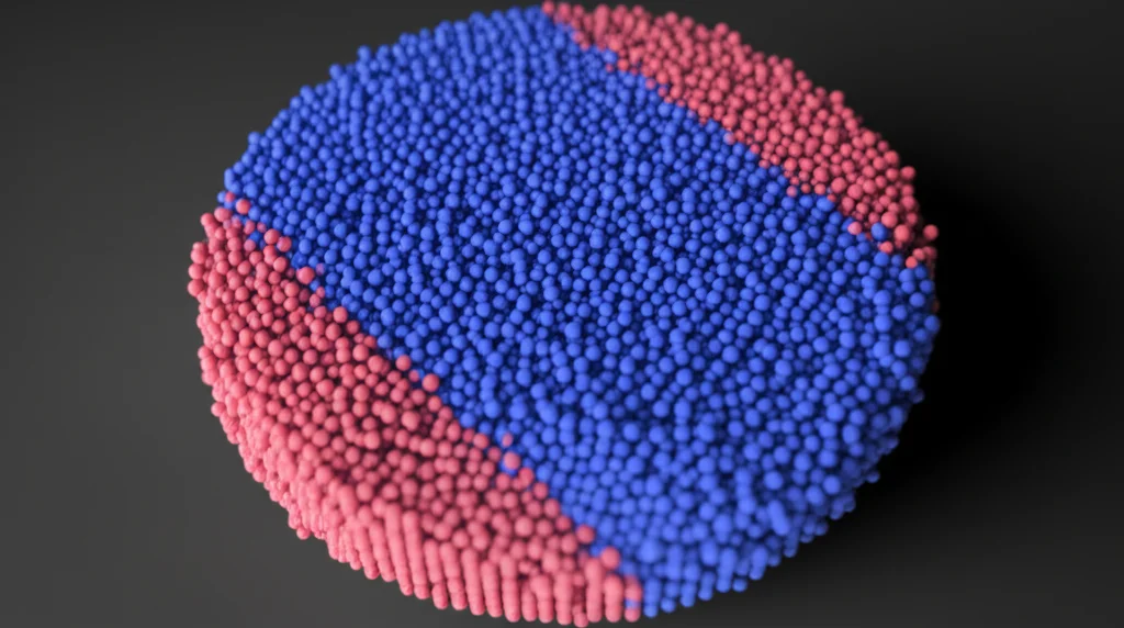 Visualizzazione 3D fotorealistica di particelle blu e rosse che interagiscono all'interno di un dominio computazionale circolare. Le particelle vicino al bordo (rosse) sono soggette a forze correttive per rimanere all'interno, mentre quelle interne (blu) si respingono per raggiungere una distribuzione uniforme. Macro lens, 85mm, high detail, precise focusing, controlled lighting, effetto profondità di campo.