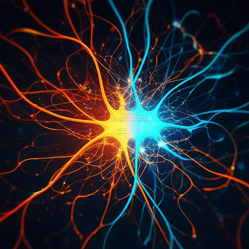 Illustrazione astratta del concetto di predictive coding nel cervello. Rete neurale stilizzata con alcuni nodi illuminati (input attesi) e altri che lampeggiano intensamente (input inattesi/imprevedibili), sfondo scuro, colori vibranti come blu elettrico e arancione, effetto 'glitch' leggero per rappresentare la sorpresa.