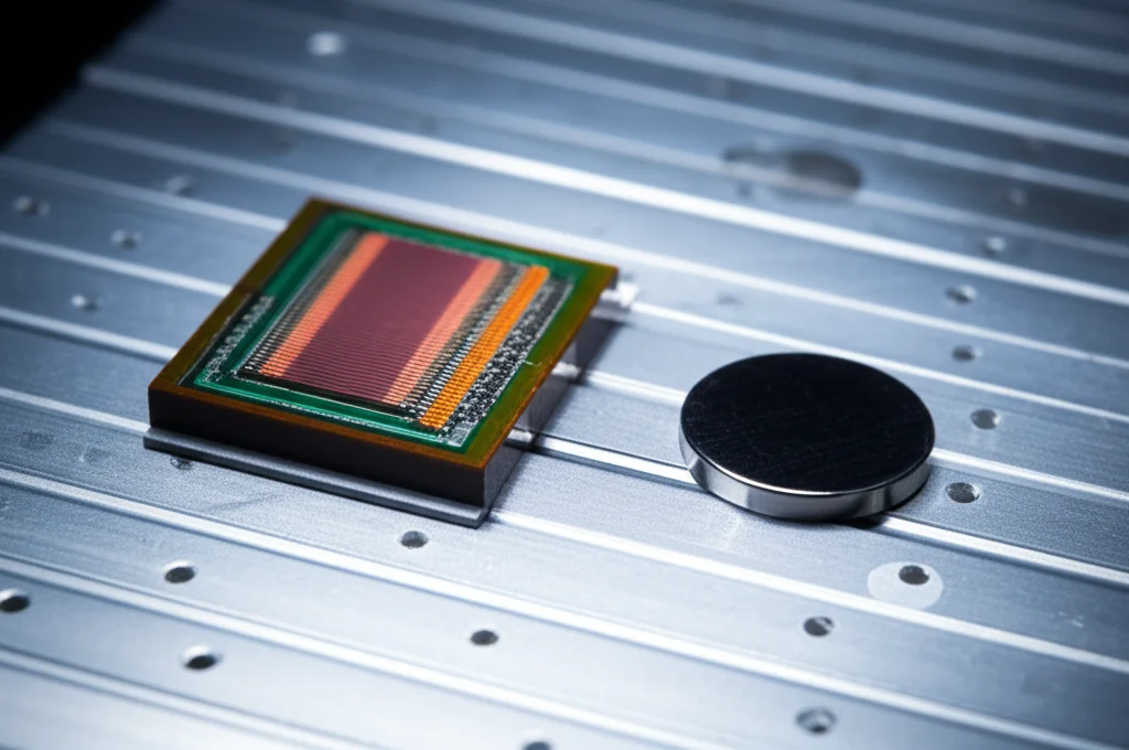 Macro fotografia, 80mm lens, del cuore tecnologico dell'UA-MDRR: un minuscolo attuatore piezoelettrico multistrato ceramico accanto a un disco magnetico al NdFeB su un banco di laboratorio pulito, illuminazione controllata per evidenziare i dettagli, messa a fuoco precisa sui componenti.