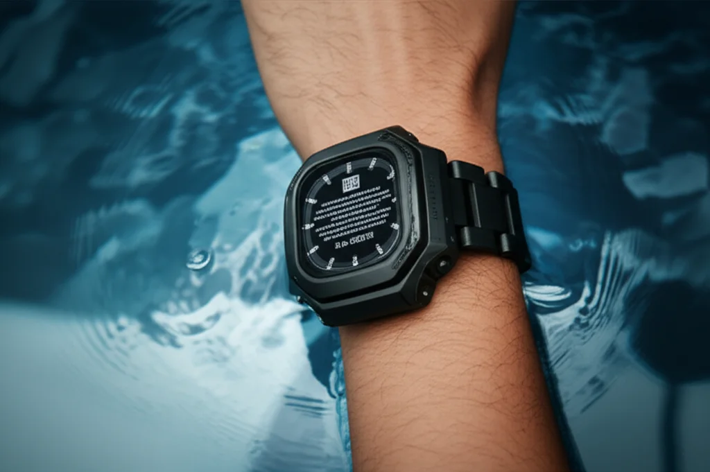 Stile ritratto fotografico, 35mm lens, primo piano di una mano che indossa un prototipo di orologio contenente l'UA-MDRR, parzialmente immersa in acqua limpida. La messa a fuoco è sul dispositivo, con sfondo leggermente sfocato (profondità di campo), a simboleggiare un'applicazione di salvataggio subacqueo.