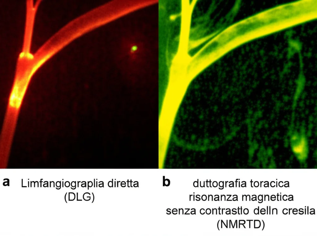 Immagine medica comparativa, stile documentario scientifico, che mostra affiancate una linfangiografia diretta (DLG) con contrasto visibile e una duttografia toracica a risonanza magnetica (NMRTD) senza contrasto, evidenziando la netta superiorità della NMRTD nella visualizzazione del dotto toracico. Illuminazione controllata, alta definizione, obiettivo macro 80mm per dettaglio anatomico.