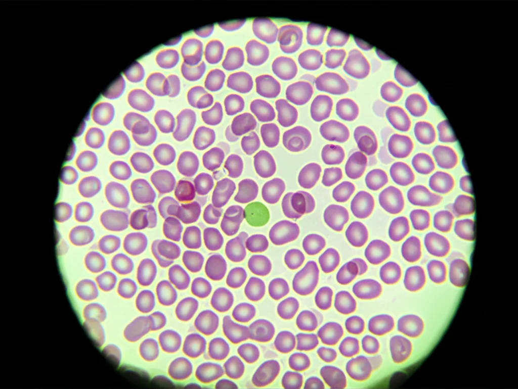 Fotografia macro di globuli bianchi su un vetrino da microscopio, obiettivo macro 100mm, alta definizione, messa a fuoco precisa sulle diverse morfologie cellulari, illuminazione controllata da laboratorio.