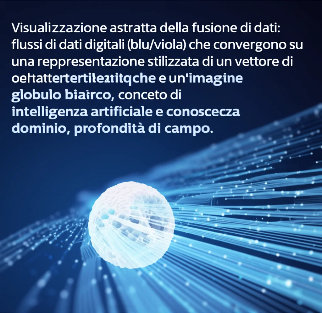 Visualizzazione astratta della fusione di dati: flussi di dati digitali (blu/viola) che convergono su una rappresentazione stilizzata di un vettore di caratteristiche e un'immagine di globulo bianco, concetto di intelligenza artificiale e conoscenza dominio, profondità di campo.