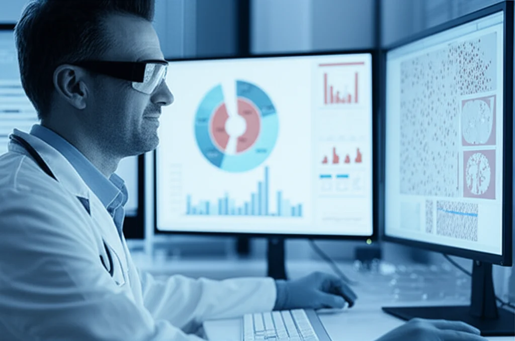 Ritratto di un ricercatore o medico che osserva con soddisfazione uno schermo con grafici di accuratezza crescenti e immagini di globuli bianchi correttamente classificati da un'AI, ambiente di laboratorio high-tech, obiettivo 35mm, colori blu e grigio duotone, profondità di campo.