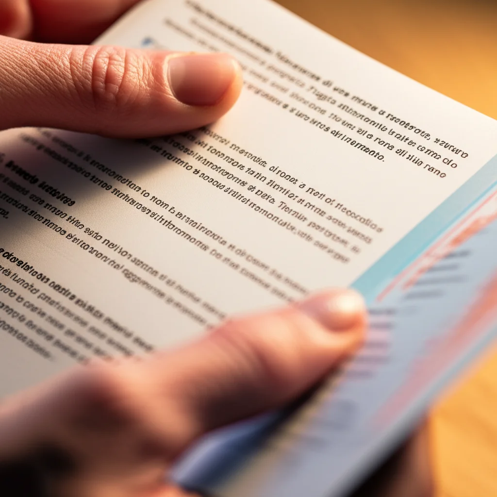 Fotografia macro di una mano che sfoglia attentamente un opuscolo informativo sul trapianto di rene, illuminazione controllata e calda che evidenzia i dettagli del testo e delle illustrazioni mediche semplificate, obiettivo macro 60mm, messa a fuoco precisa, sfondo leggermente sfocato per concentrarsi sull'atto dell'informarsi.