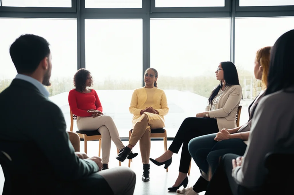 Fotografia grandangolare che cattura un piccolo gruppo eterogeneo di persone (diverse età ed etnie, rappresentanti pazienti e familiari) sedute in cerchio durante una sessione di educazione/supporto sul trapianto in un ambiente accogliente e luminoso, non ospedaliero. Luce naturale dalle finestre, obiettivo grandangolare 24mm, focus nitido sull'interazione e l'ascolto reciproco, atmosfera di condivisione.