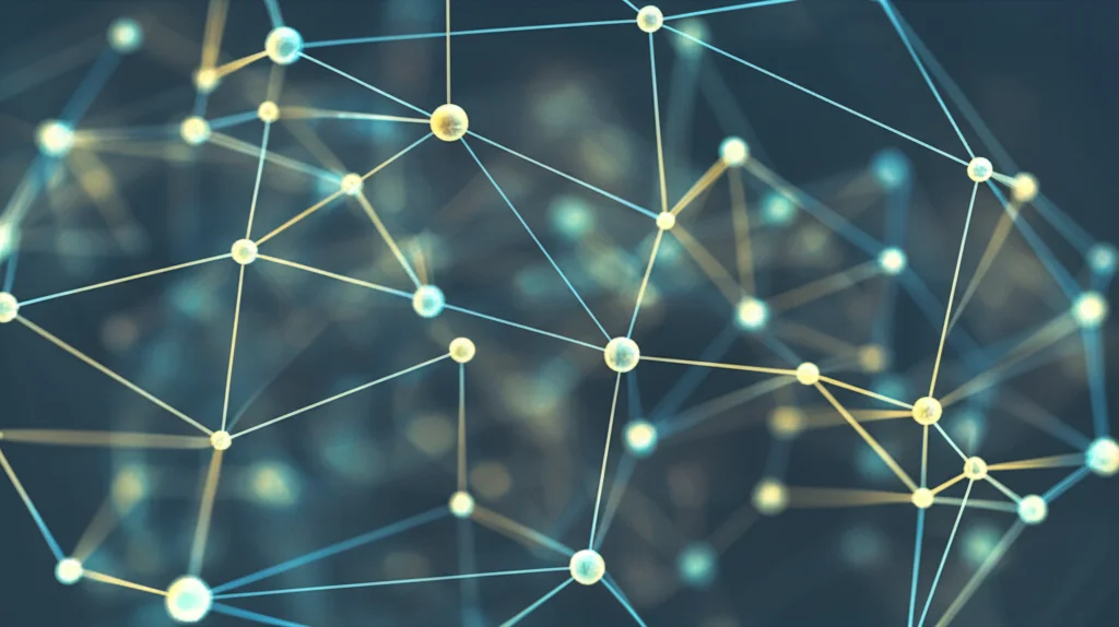 Visualizzazione astratta di una rete sociale complessa, nodi colorati diversamente rappresentano diversi stati emotivi (es. blu per solitario, giallo per connesso), con linee che mostrano le connessioni. Effetto profondità di campo, obiettivo 35mm, colori tenui blu e grigi duotone.